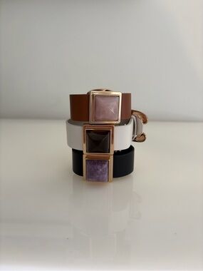 Rachel Richards Set of 3 Leather & Quartz Statement Cuff Bracelets